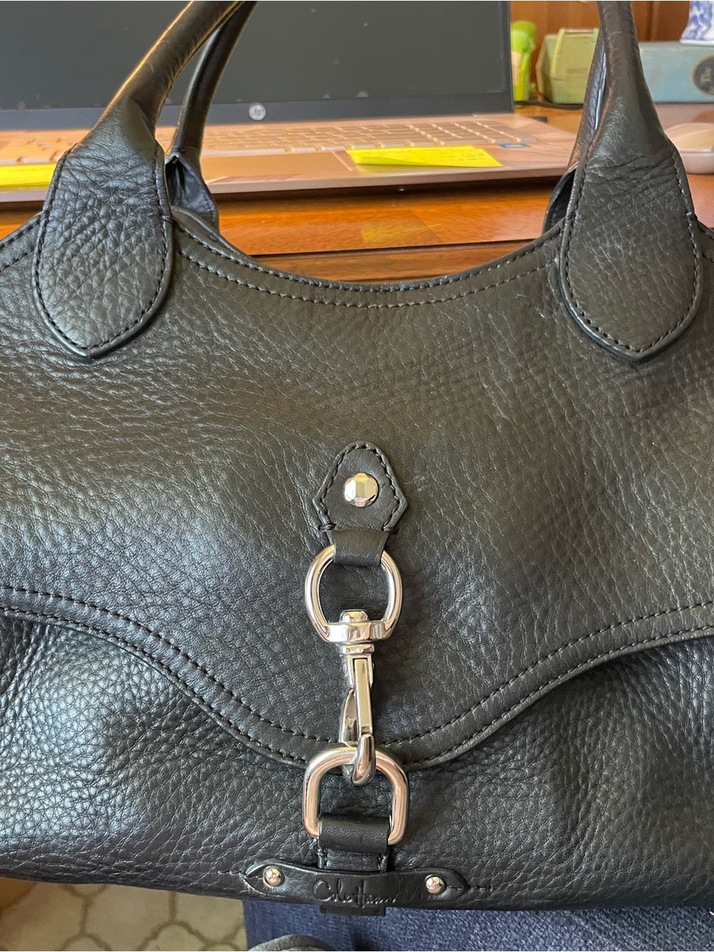 Cole Haan Black Pebbled Leather Shoulder Bag with Silver Hardware
